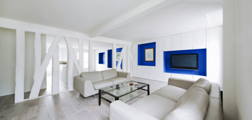 Swan Architectes, Appartement écrins, mieszkanie miłośnika sztuki, biało-niebieskie mieszkanie