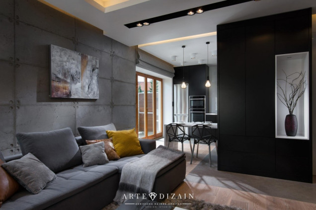 apartament, projekt, salon, otwarta kuchnia