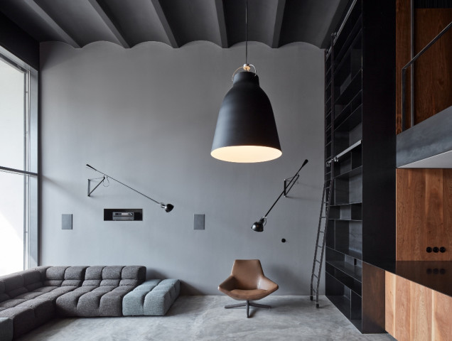 Industrialny loft, industrialne wnętrze, industrialna aranżacja wnętrza, duże mieszkanie, CMC architects, aranżacja apartamentu, wystrój loftu, wystrój apartamentu, cegła na ścianach, wnętrze z cegłą