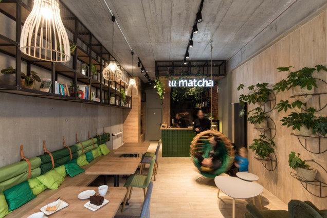 kawiarnia Matcha, aranżacja wnętrza, aranżacja wnętrza kawiarni, kawiarnia w Poznaniu, Modelina, wnętrze publiczne, ciekawa aranżacja wnętrza, aranżacja kawiarni, design wnętrza, mode:lina