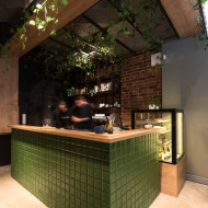 kawiarnia Matcha, aranżacja wnętrza, aranżacja wnętrza kawiarni, kawiarnia w Poznaniu, Modelina, wnętrze publiczne, ciekawa aranżacja wnętrza, aranżacja kawiarni, design wnętrza, mode:lina 
