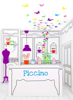 +Quespacio, Piccino, wnętrze sklepu z ubrankami dla dzieci, wnętrze sklepu jak kolorowanka