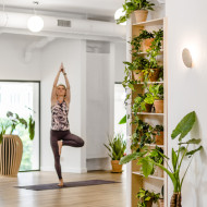 Studio jogi w jasnym drewnie i zieleni – wnętrza Yoga Republic